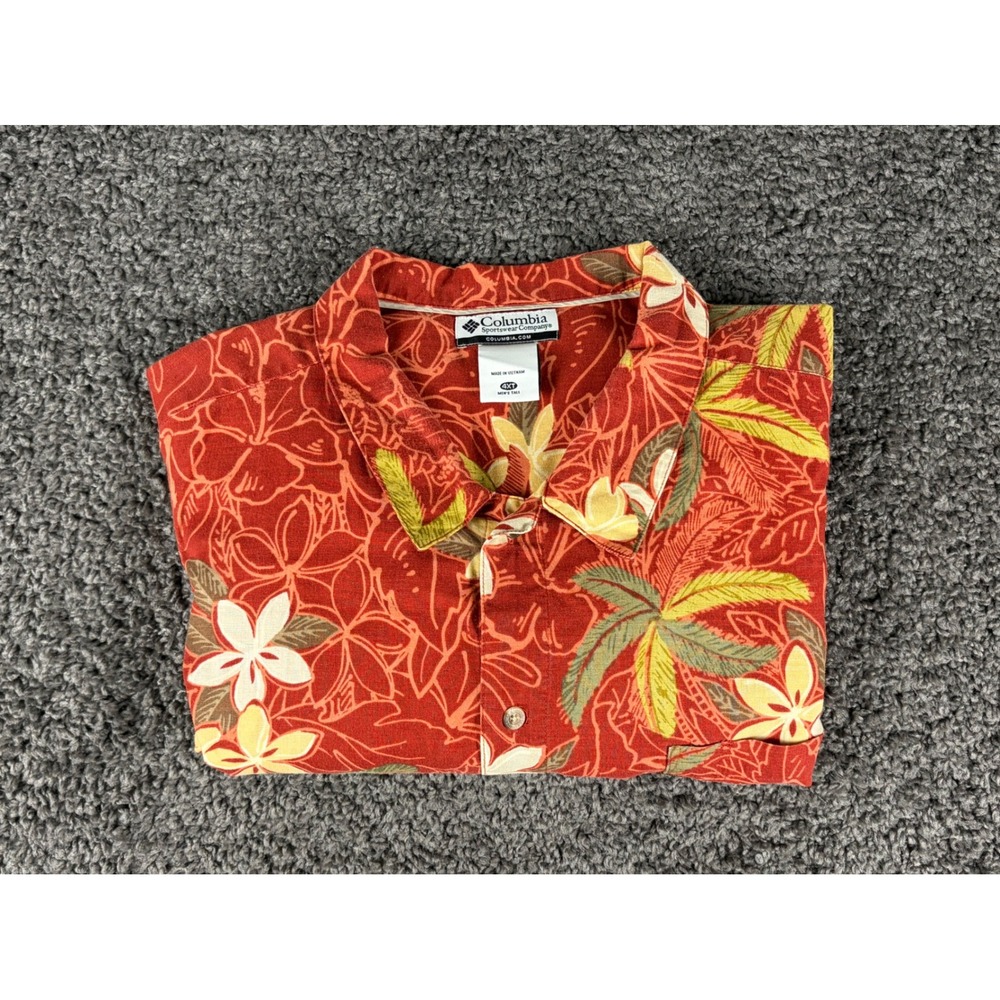 Columbia Mens 4XT Red Floral Palm Tree Linen Blend Button Up Shirt AJ7163